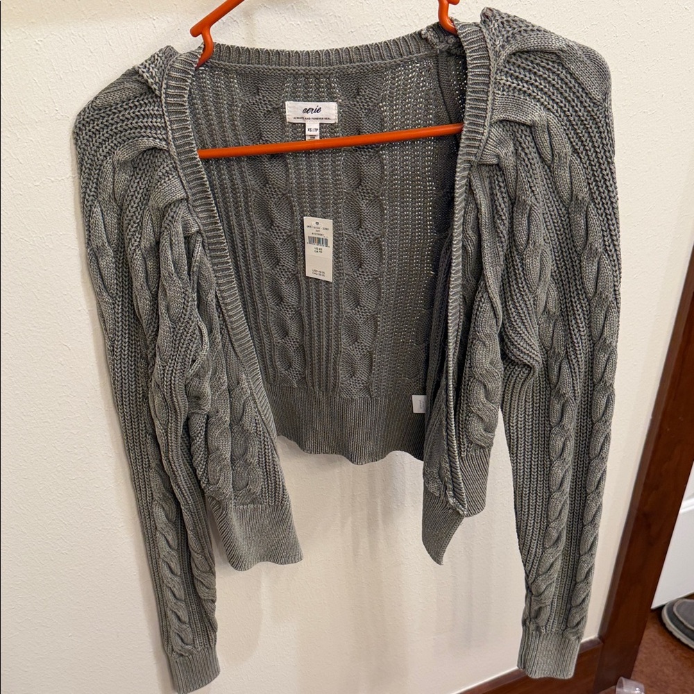 Aerie Olive Cropped Cable Knit Cardigan